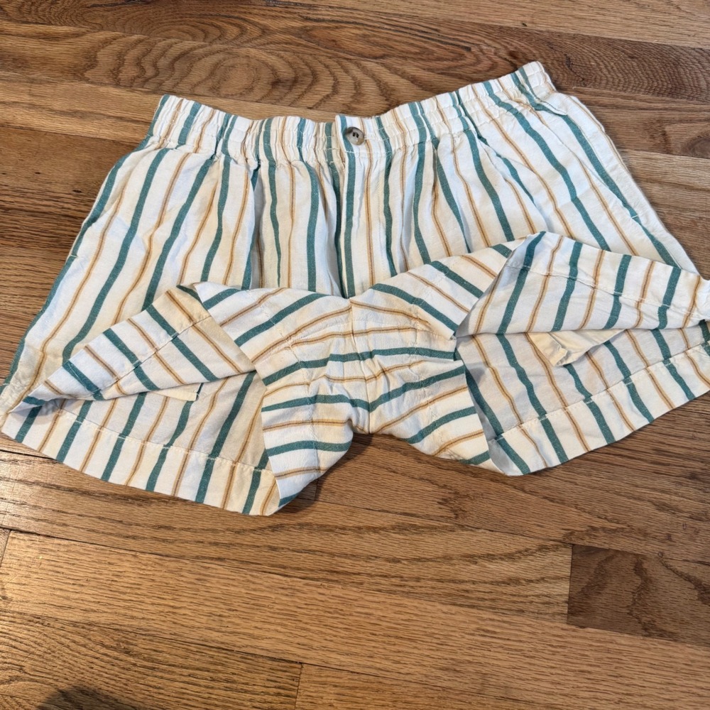 Madewell Striped Linen Blend Pull-On Shorts Teal Yellow White Small CKP454625038 - Picture 3 of 8